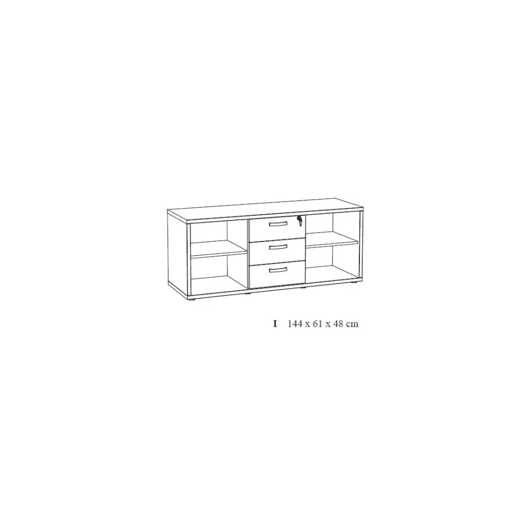 Credenza bassa per ufficio con 4 scomparti e 3 cassetti, colore rovere dorato, collezione DEPÉ