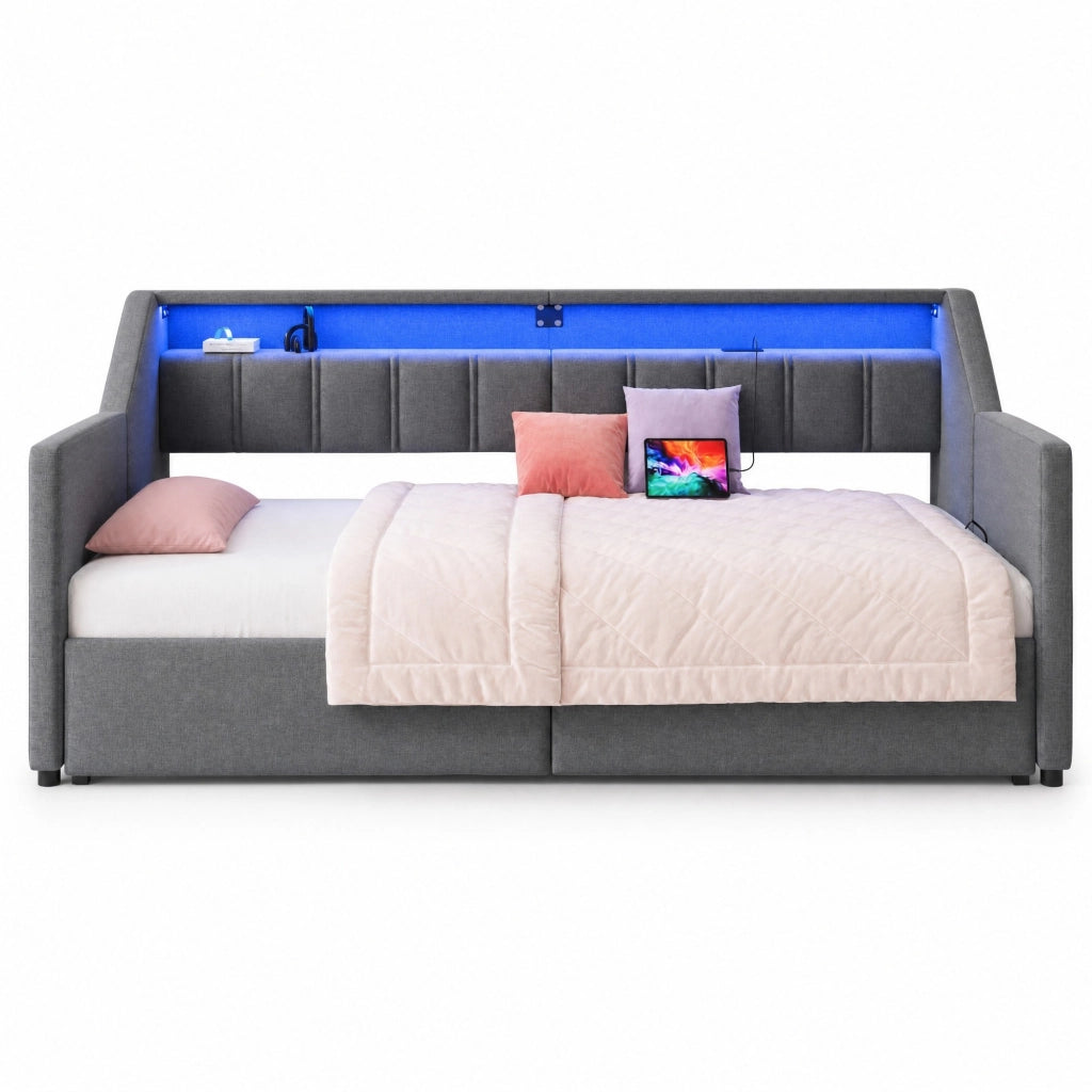 Letto multifunzionale 90x200 cm con USB, Type-C, LED e 2 cassetti