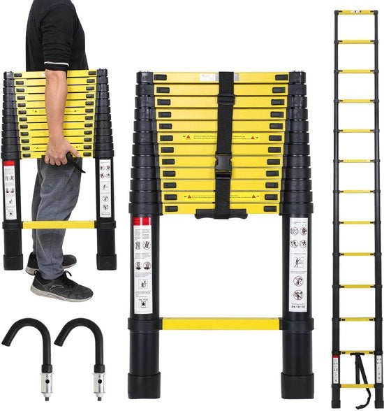 Ladder Telescopica Soft Close - Altezza di Lavoro 3,8 m - Giallo Nero con Gancio