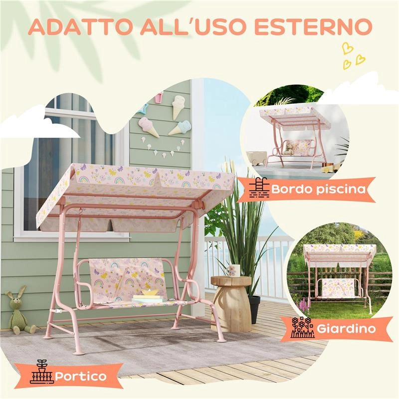 DONDOLO PER BAMBINI DA ESTERNO A 2 POSTI CON TETTUCCIO REGOLABILE E CINTURE DI SICUREZZA 112X75X120 CM ROSA