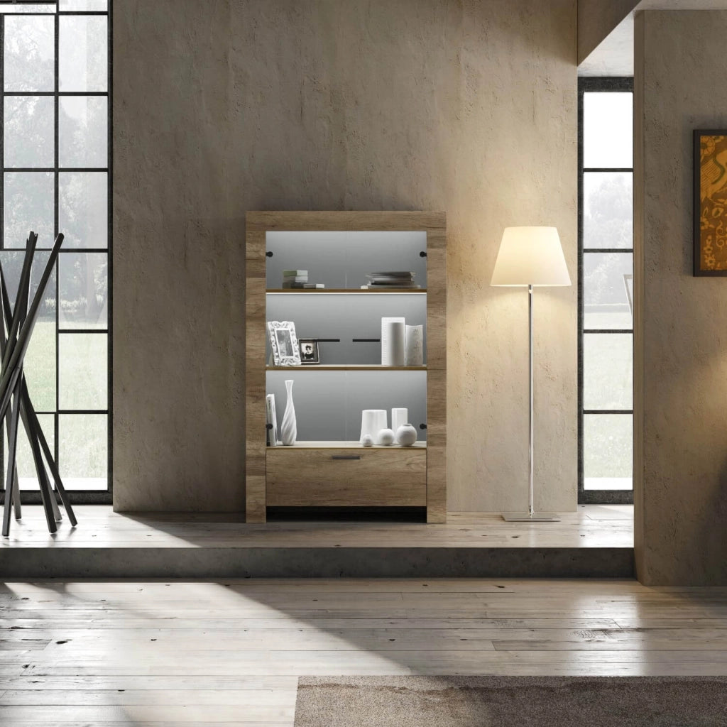 Credenza Mobile Soggiorno con Vetrina 2 Ante in Melaminico 102x43x158cm TFT Sax Rovere