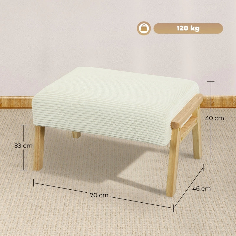 Poggiapiedi con morbido cuscino di seduta, gambe in legno, effetto velluto a coste, bianco crema
