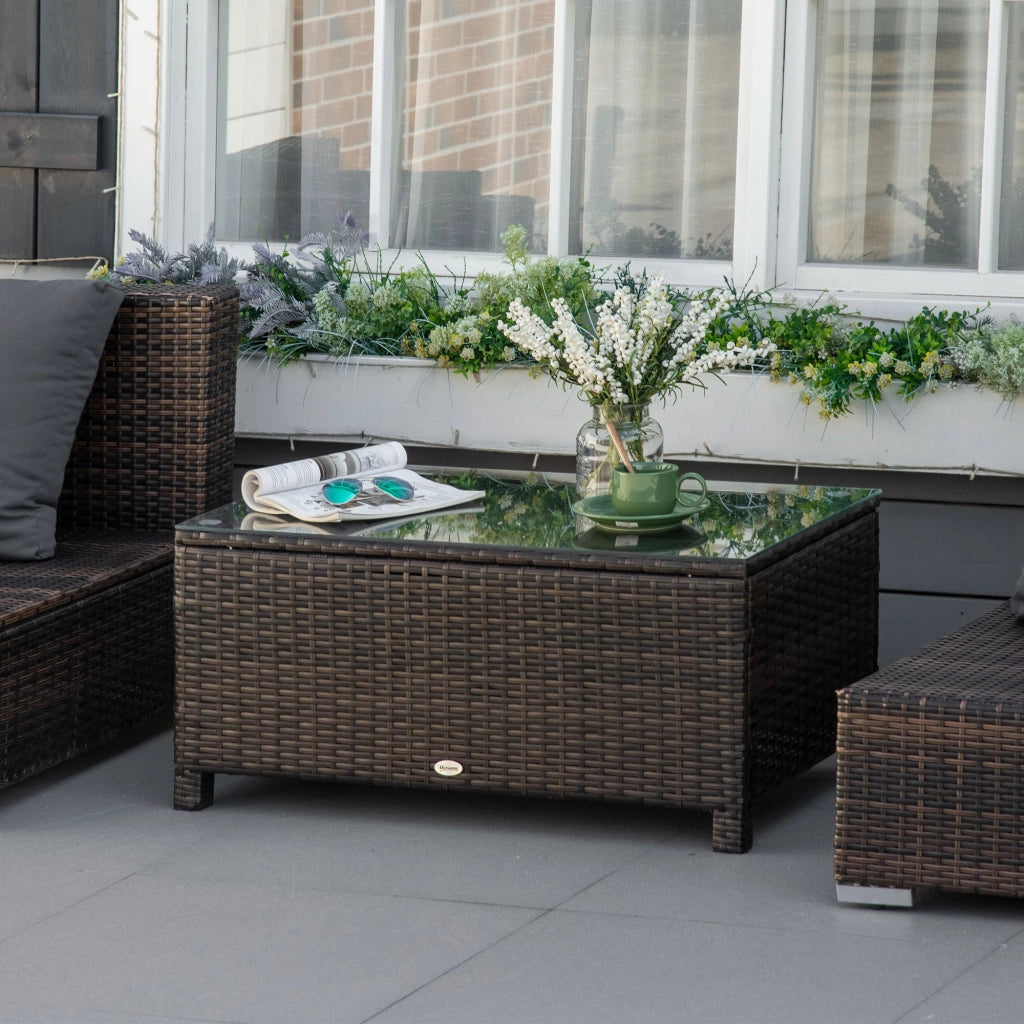 Tavolino da Giardino Esterno Rattan Sintetico ¨C Xylo ¨C Piano Vetro Temperato Marrone 85x50x39cm