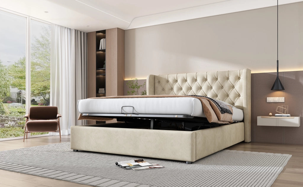 DESMIU Letto contenitore 2 posti con vano idraulico, 160 × 200 cm, senza materasso, in velluto beige