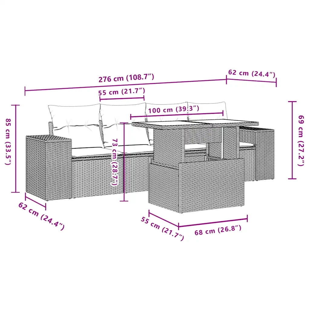 Set Divano da Giardino 5 pz con Cuscini Marrone in Polyrattan 3268993