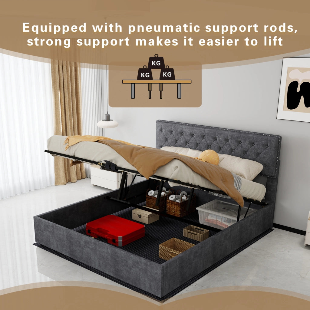 DESMIU Letto contenitore 160 × 200 cm 2 posti con spazio sotto il letto, senza materasso, in tessuto e metallo, grigio