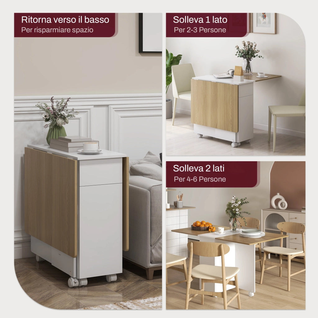 Tavolo Rettangolare Allungabile con Armadietto e Cassetti 140x76x74 cm Bianco e Color Legno