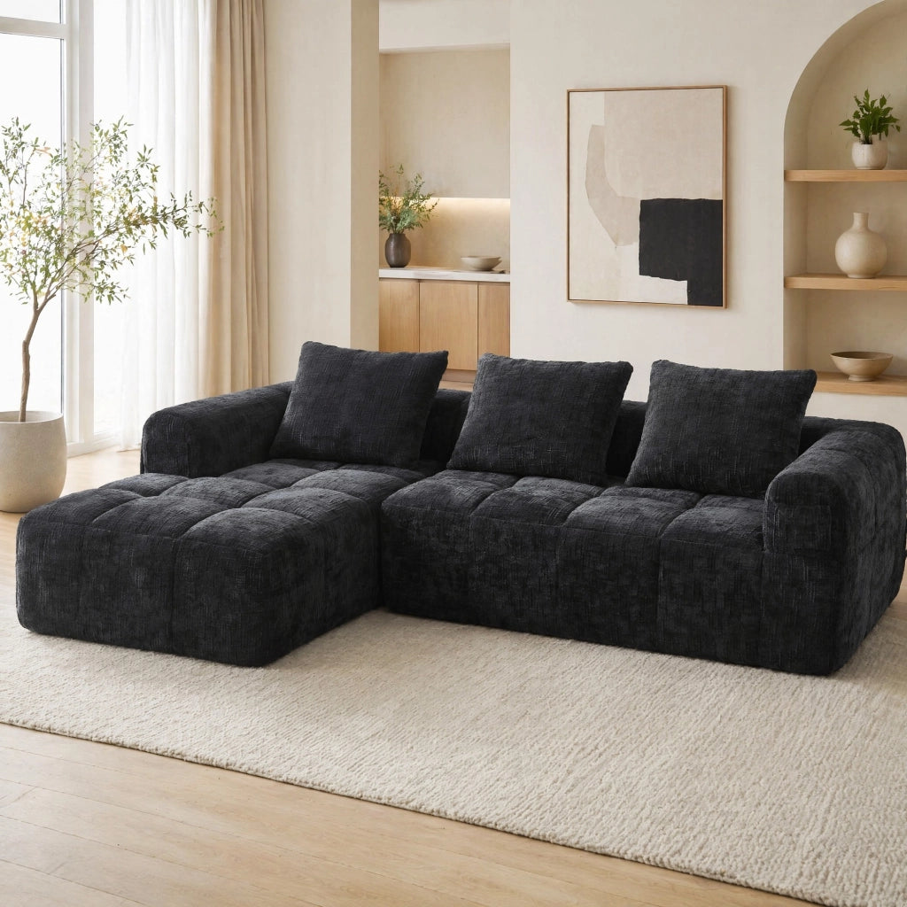 Divano angolare 3 posti con chaise longue in chenille nera; 250x158x60 cm con 3 cuscini
