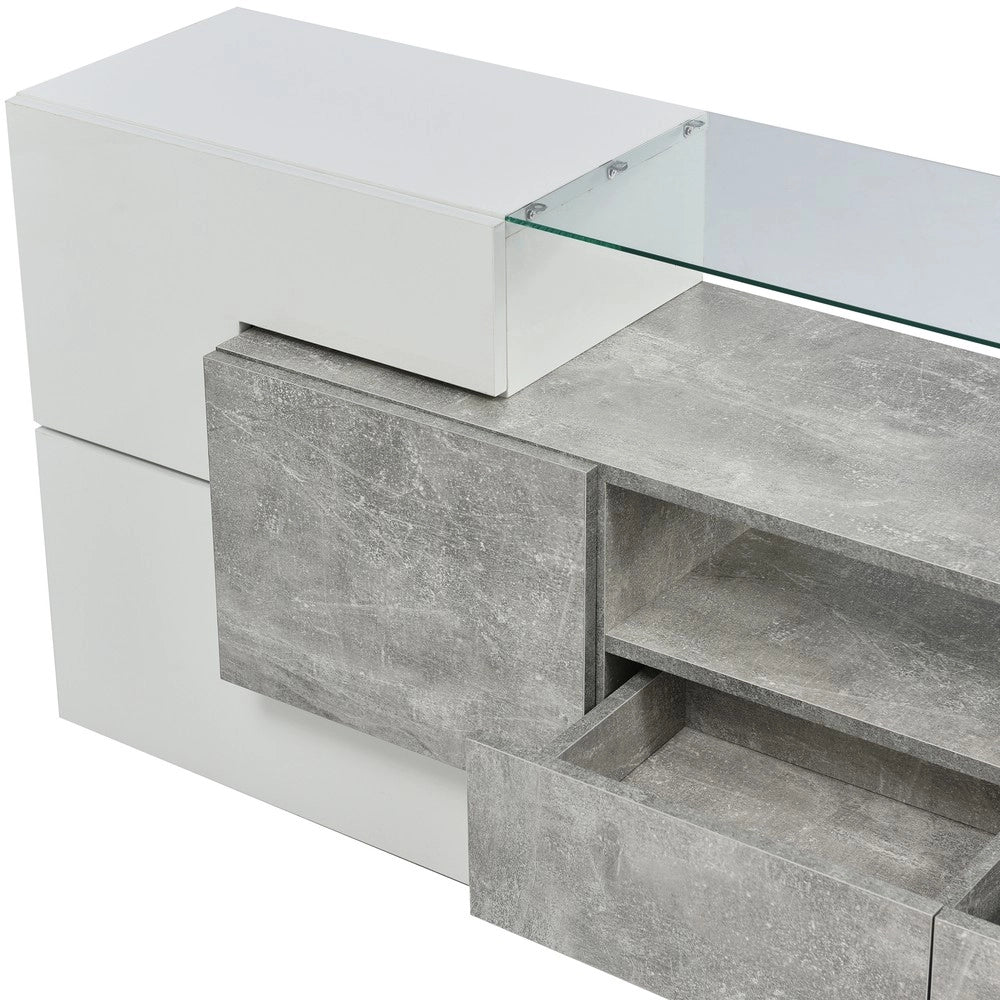 Mobile TV Lowboard Bianco Lucido con LED ¨C Xylo ¨C 200 cm, Vetro, Soggiorno
