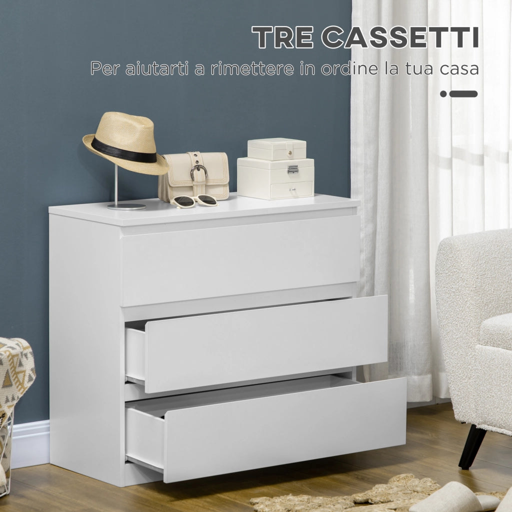 Cassettiera 3 Cassetti Moderna senza Maniglie per Camera e Soggiorno 80x39x73 cm Laccato Bianco