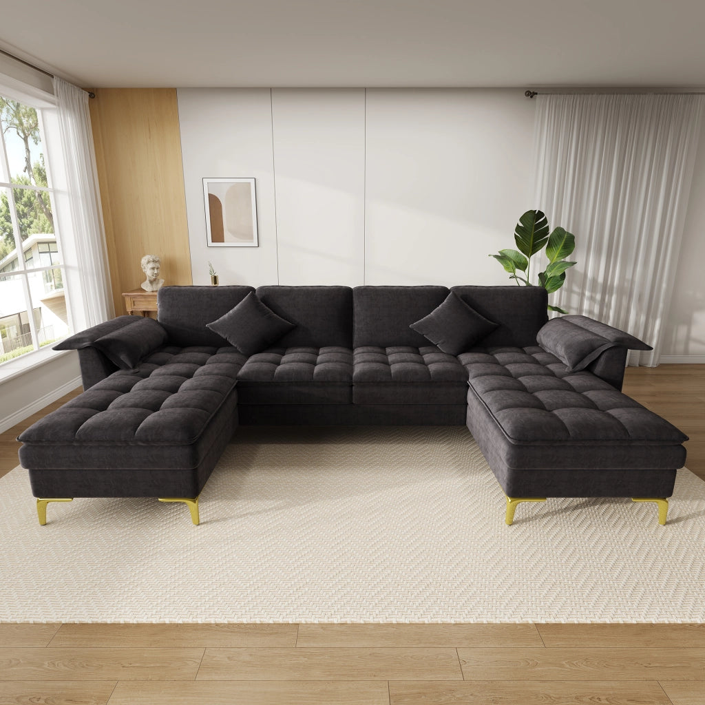 Divano angolare modulare a U 4-5 posti - con 2 chaise longue e cuscini - in chenille nero