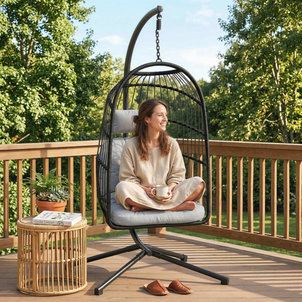 Poltrona a dondolo sospesa ¨C Minimal ¨C Grigio, polyrattan, con cuscini