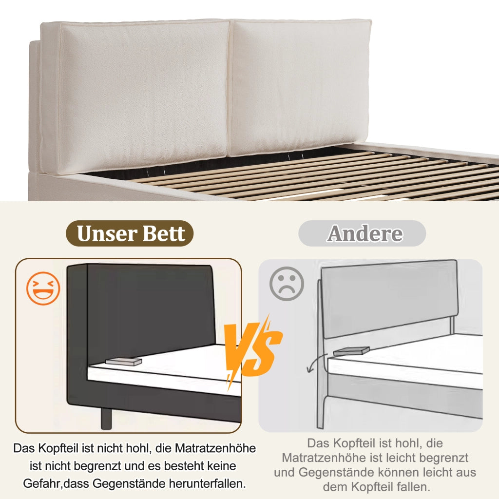 Letto imbottito letto doppio 180 x 200cm letto idraulico funzionale letto con telaio a listelle testiera testiera imbottita beige bouclé