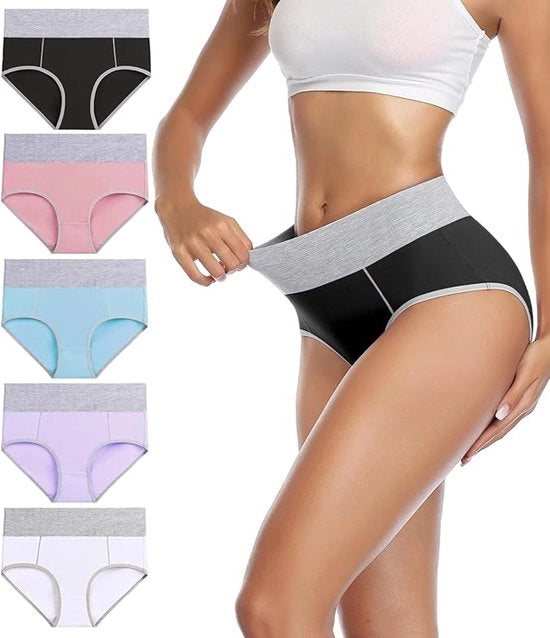 Set di 5 slip di cotone per donna, alta vita, per il sollevamento delle anche e il sottopeso della vita, (Bianco + Viola + Nero + Blu chiaro + Rosa chiaro)-L