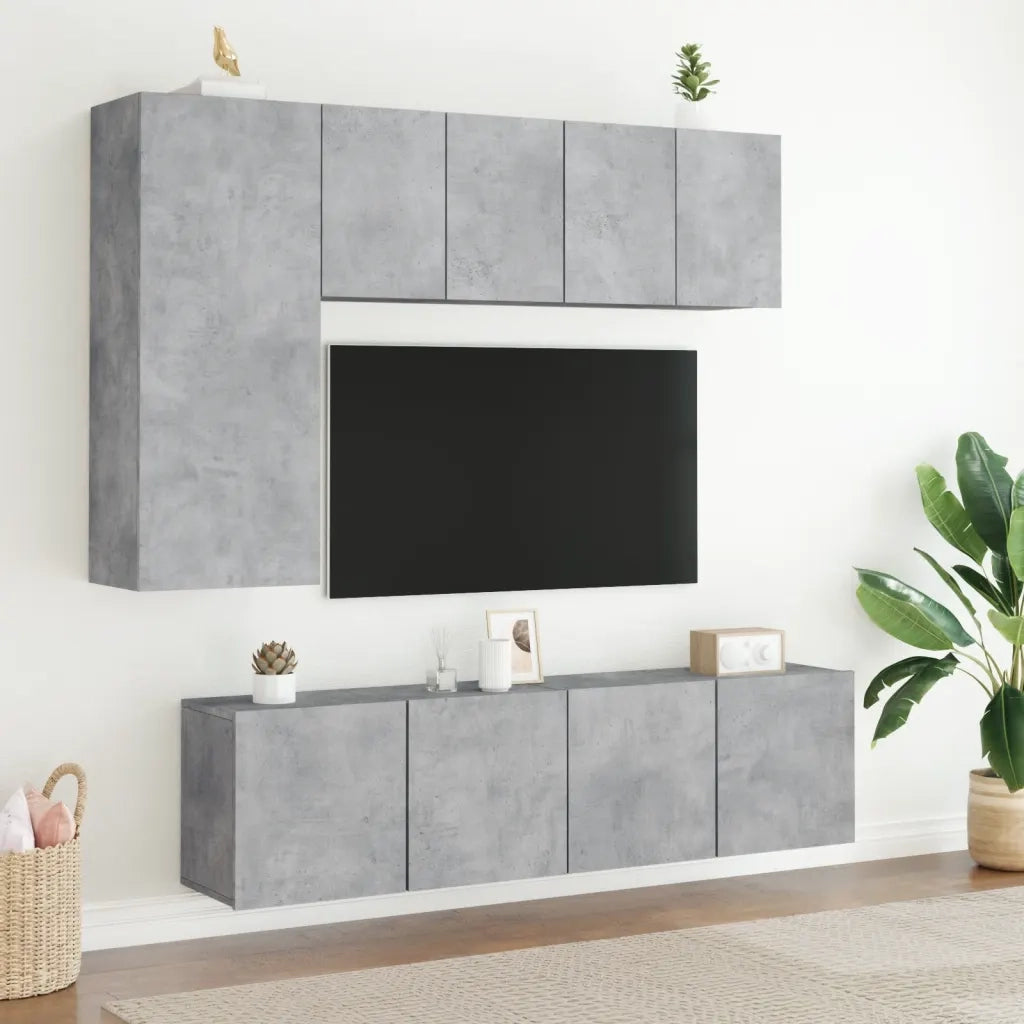 Mobili TV a Muro con LED 5pz | Armadietto TV | Mobile Porta TV Grigio Cemento Legno Multistrato