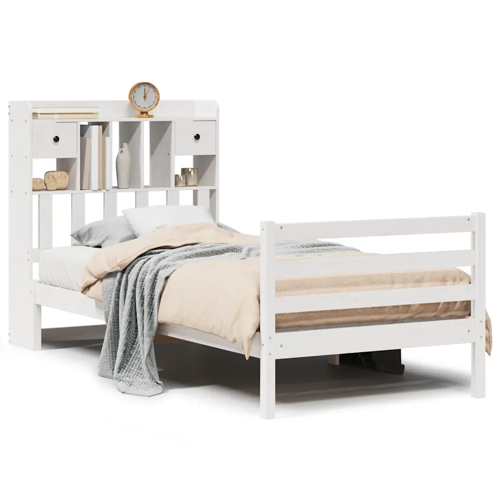 Letto Libreria senza Materasso-Struttura Letto con contenitore Bianca 90x200 cm Legno di Pino 627163