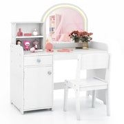 Set tavolo da trucco per bambini con sedia mensole cassetto e anta-Toeletta da trucco in legno con luci LED Bianco