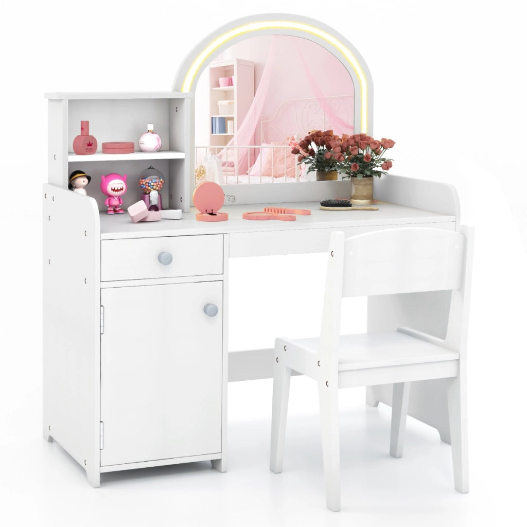 Set tavolo da trucco per bambini con sedia mensole cassetto e anta-Toeletta da trucco in legno con luci LED Bianco