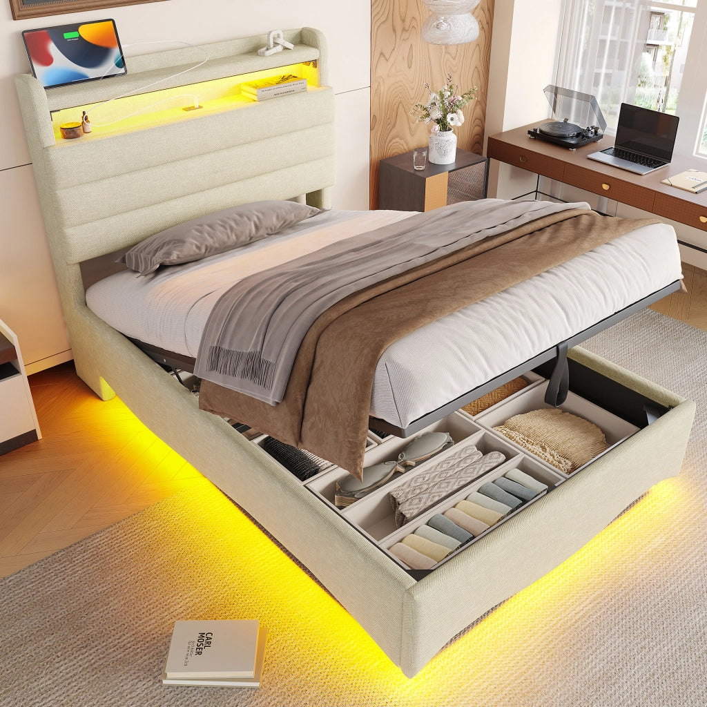 letto imbottito lino beige 90 x 200 cm
