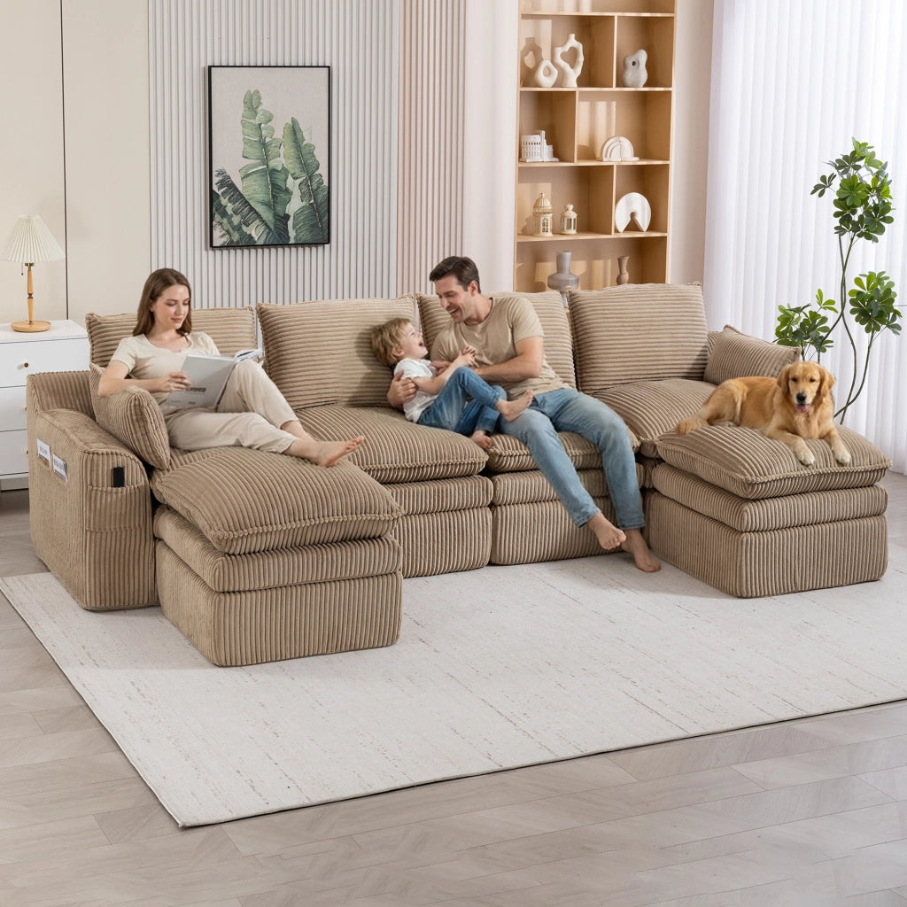 Divano Modulare 4 Posti con 2 Pouf ¨C MINIMAL ¨C Tessuto a Coste, Cuscini, Khaki