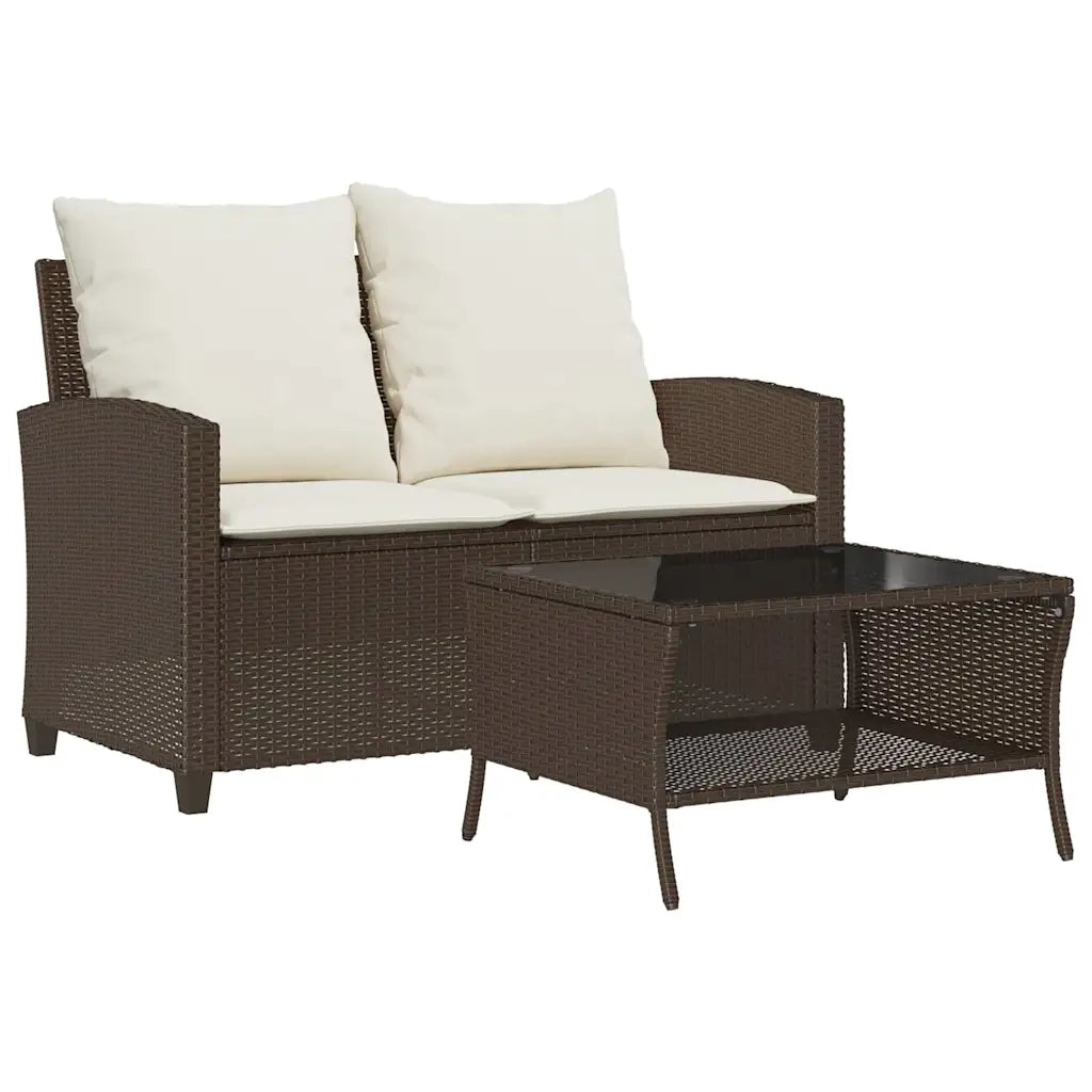 Divano a 2 Posti con Cuscini-Sofa 2 Posti con Cuscini e Tavolo Marrone Polyrattan