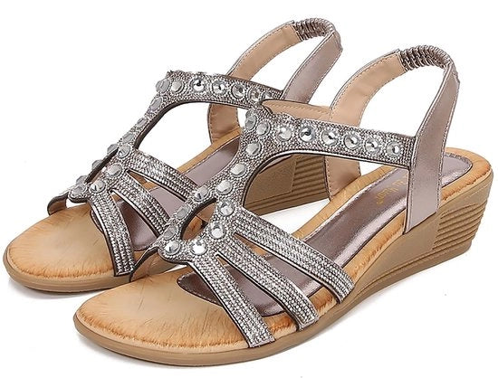 Sandali da donna per estate - Strass brillante - Tacco basso - Tacco a stiletto - Comodo - Naso rotondo - Coda elastica - Sandalo