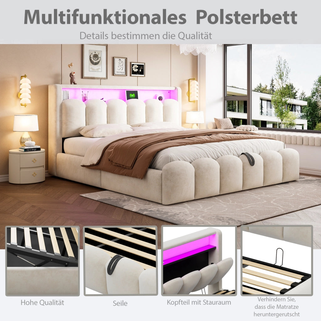 LETTO 180x200 cm in velluto beige con LED, USB-C e vano contenitore
