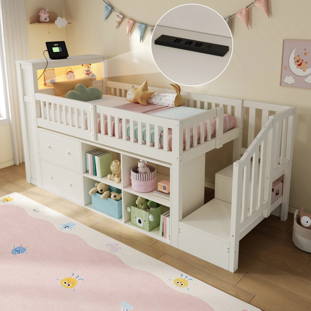 Letto a Soppalco 90x200 cm con Cassetti; Ripiani; Scala Armadio; LED; USB e Type-C