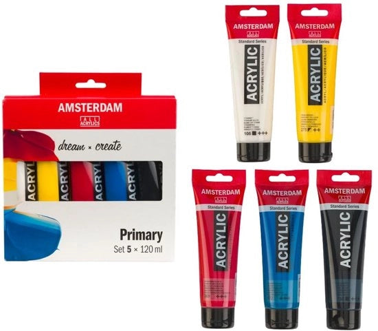 Set di Acrilica 5 x 120 ml - Teoria dei Colori - Colori Fondamentali - Nero/Bianco - Pigmenti di Alta Qualità - Adatto per Tela/Hout - Set di Vernici
