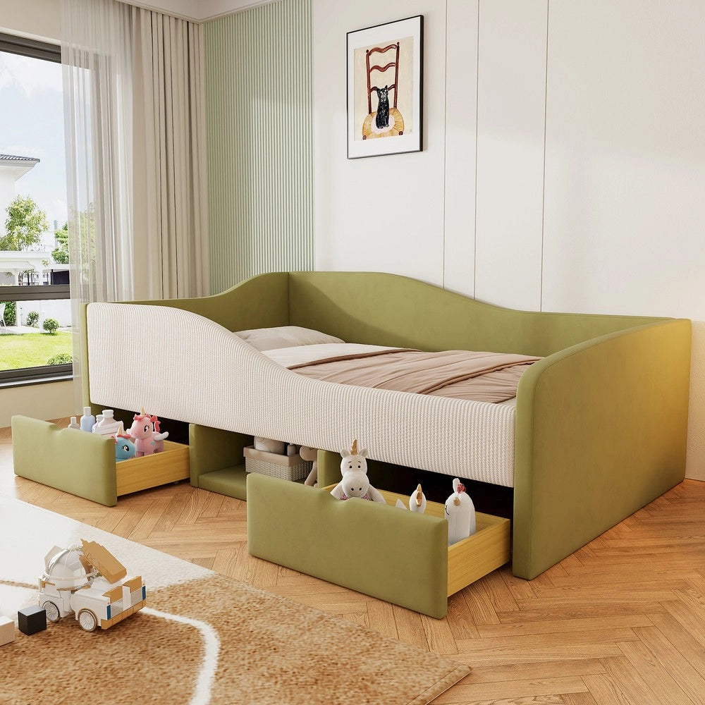 Letto Imbottito con Cassetti ¨C MINIMAL ¨C Velluto Verde Scuro e Bianco 90x190