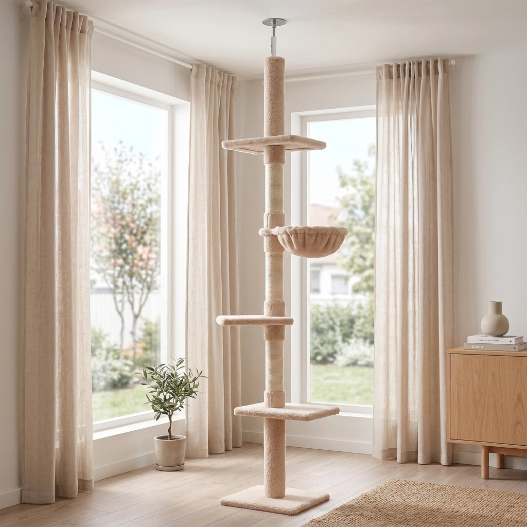 Tiragraffi per Gatto a Soffitto con Amaca ¨C Minimal ¨C 40x34x230-260cm Beige