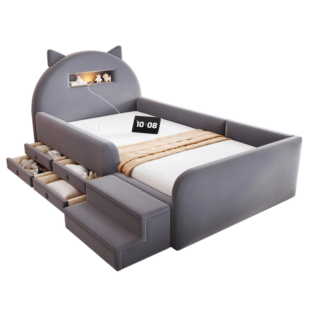 Letto per bambini imbottito 90x200 cm con contenitore, luce notturna USB e cassetti