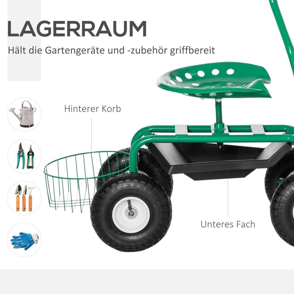 Carrello da giardino, carrello da officina, sedile da giardino girevole, cestino portaoggetti, altezza regolabile, portata 150 kg, verde, 81 x 44,5 x