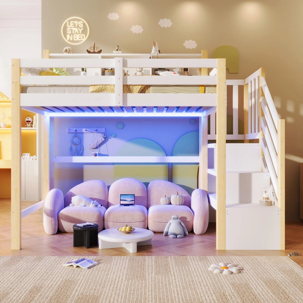 Letto a Soppalco con LED e Contenitore ¨C MINIMAL ¨C Bianco/Natura, 90x200