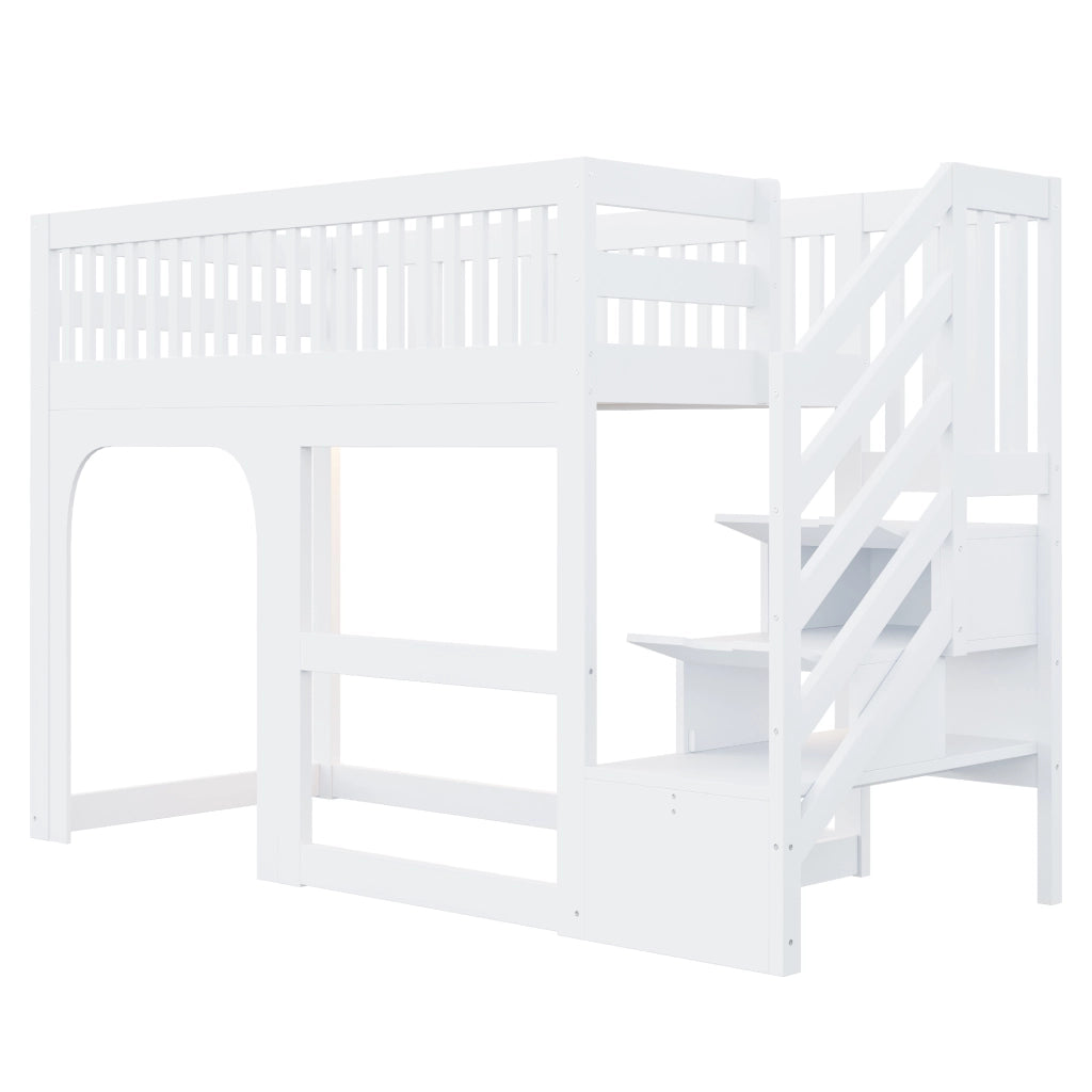 LETTO a soppalco per bambini 90x200 cm in legno bianco con scale contenitore e LED