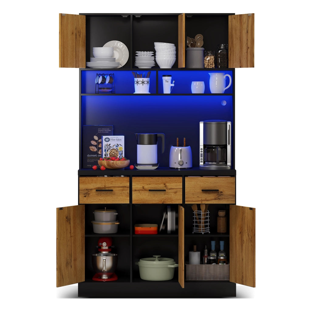 Mobile Dispensa 100x40x180 cm Nero e Legno con LED App, 2 Prese, 2 USB, 3 Cassetti e Ripiani