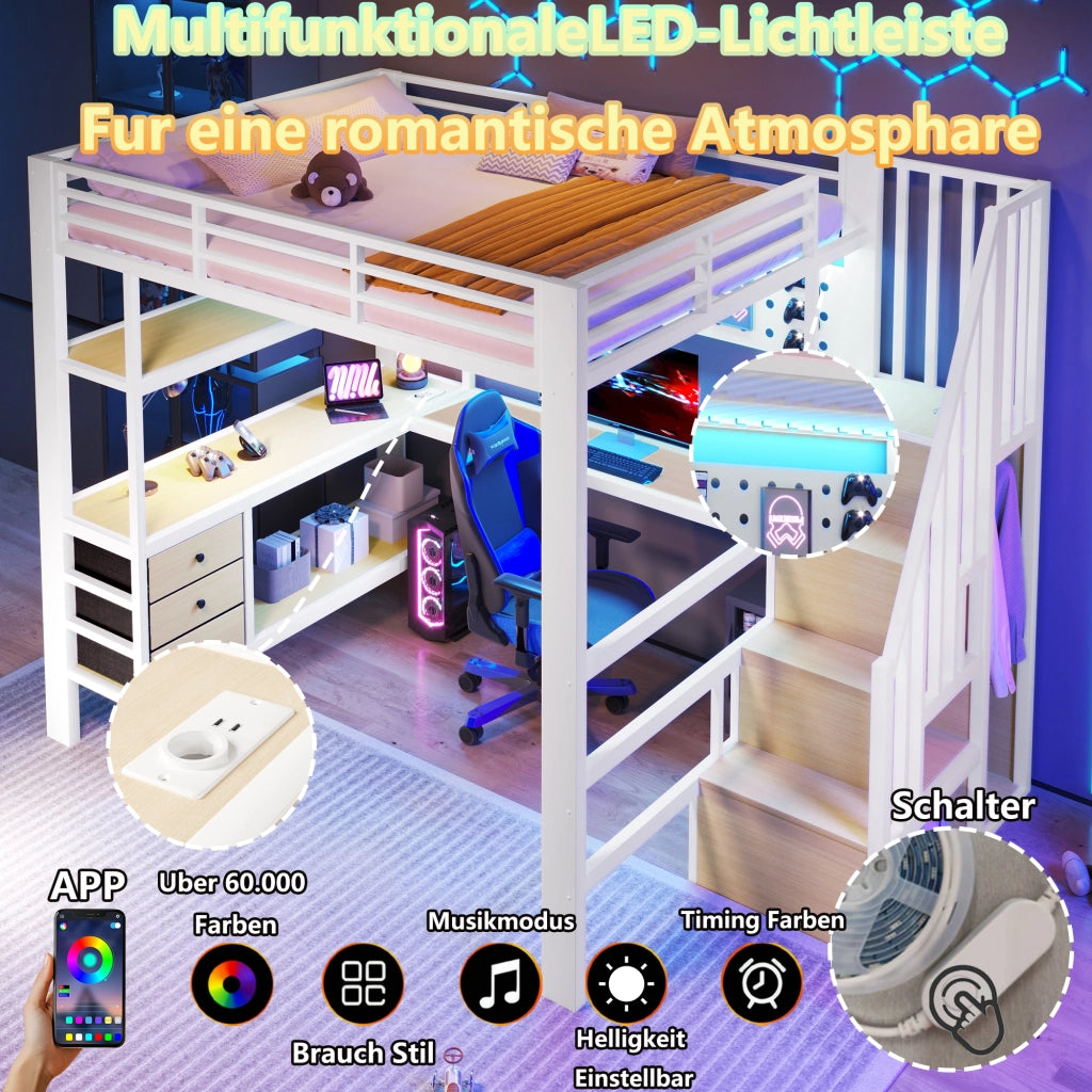 DESMIU Lit mezzanino 140 × 200 cm 1 posto con 3 cassetti, LED regolabile, presa, senza materasso, in MDF e metallo, bianco