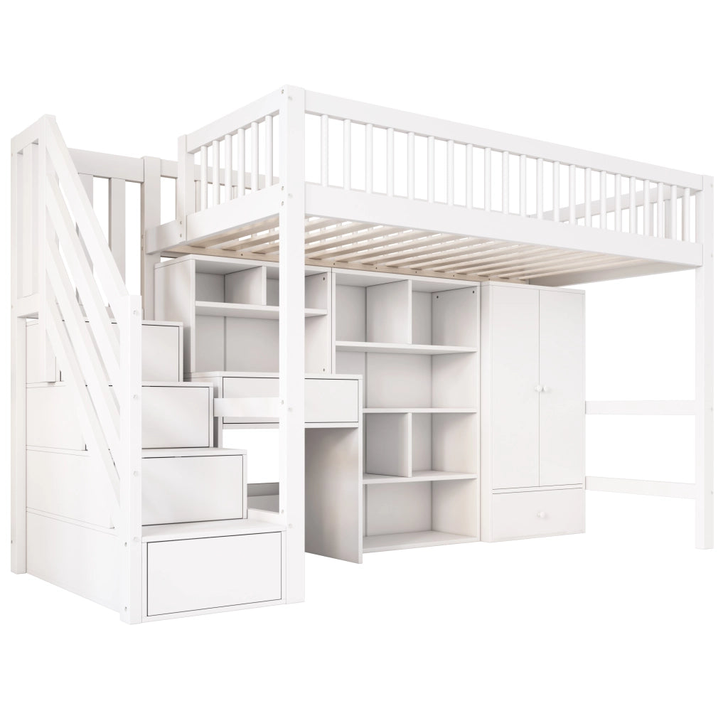 Letto a Soppalco Singolo 90x200 cm con Scrivania; Scale e Armadio in Legno Bianco
