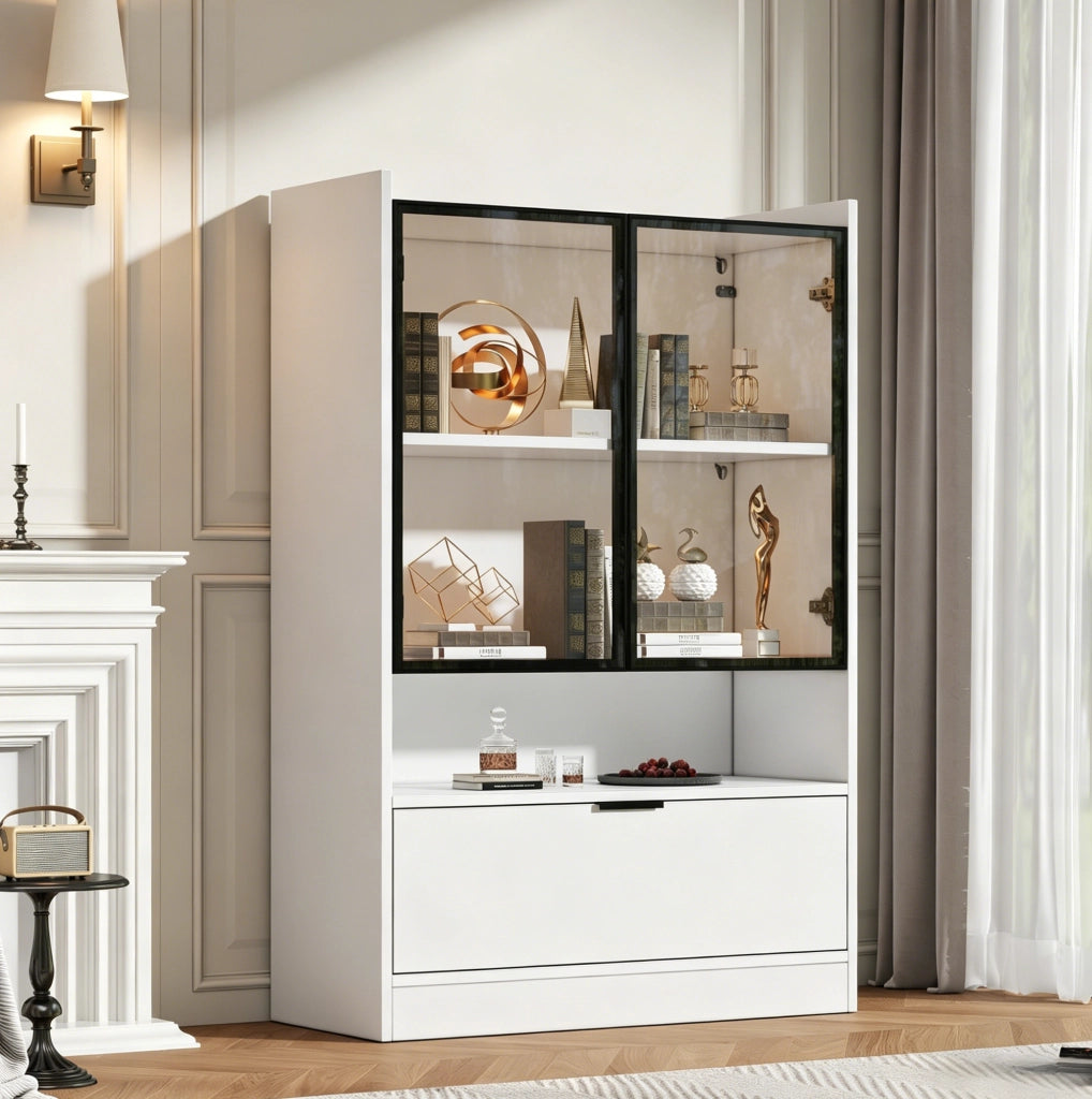 Vetrina 120x80x35 cm con illuminazione LED e ante in vetro; pannello truciolare bianco