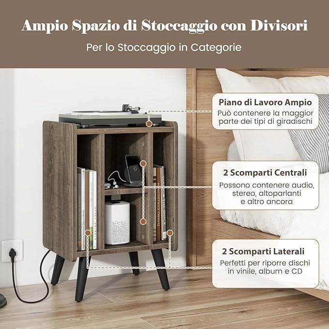 Supporto per Giradischi, Porta Vinili con 4 Ripiani Aperti, Presa di Corrente e Porta USB, con Mensole Espositive, per Soggiorno, Camera da Letto e Ufficio, 43 x 34,5 x 67,5 cm (Grigio)