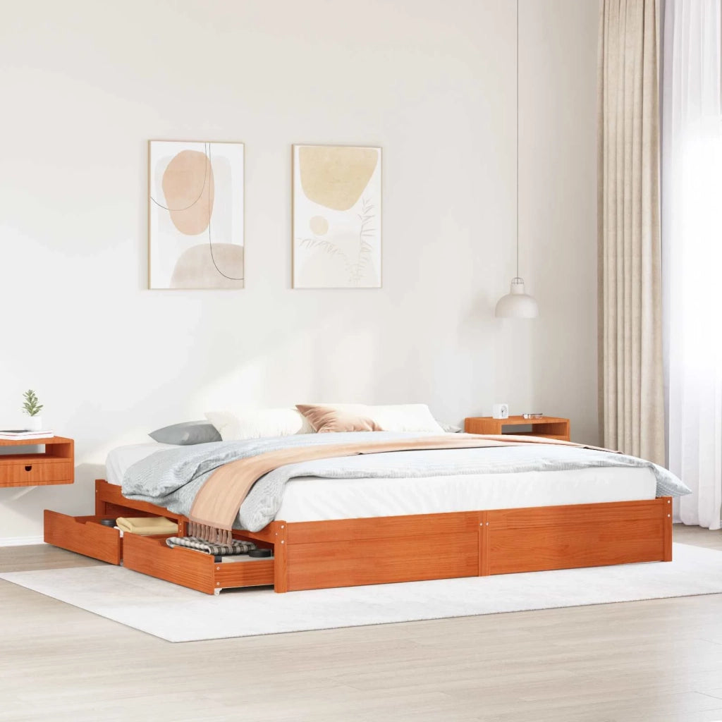 Struttura del letto con cassetto-Giroletto con contenitore-Rete del Letto Marrone cerato 200 x 200 cm 868582