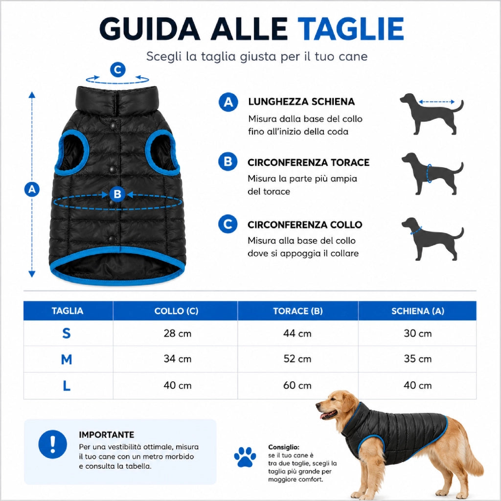 Cappottino Imbottito per Cani con Collo Alto Antivento, Giubbotto Invernale Trapuntato con Chiusura a Bottoni, Giacca Calda e Leggera per Cani di Piccola, Media e Grande Taglia, Nero con Profili Blu  Nero - M