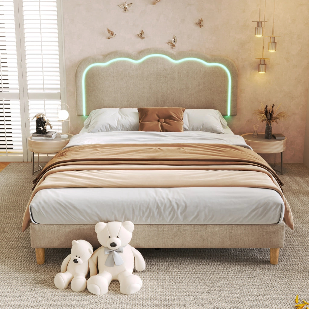 DESMIU Letto Imbottito Letto Matrimoniale con LED Regolabile e Testiera Regolabile 140 × 200 cm, Senza Materasso, Beige
