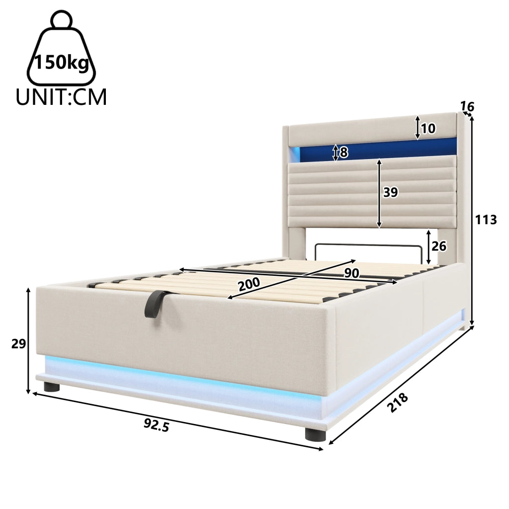 LETTO Contenitore 90x200 cm in lino beige con LED e USB Type-C