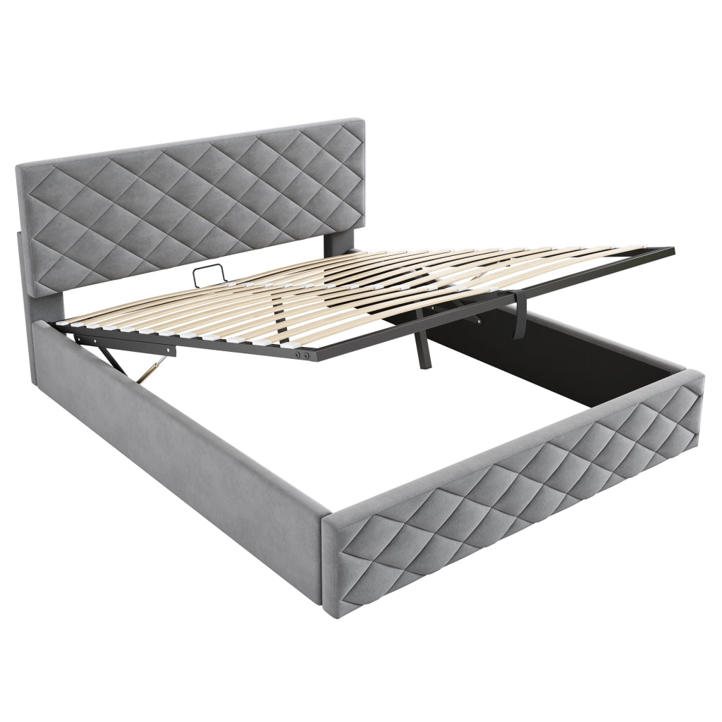LETTO Imbottito con rete a doghe, sollevamento idraulico, 140x200 cm, velluto grigio