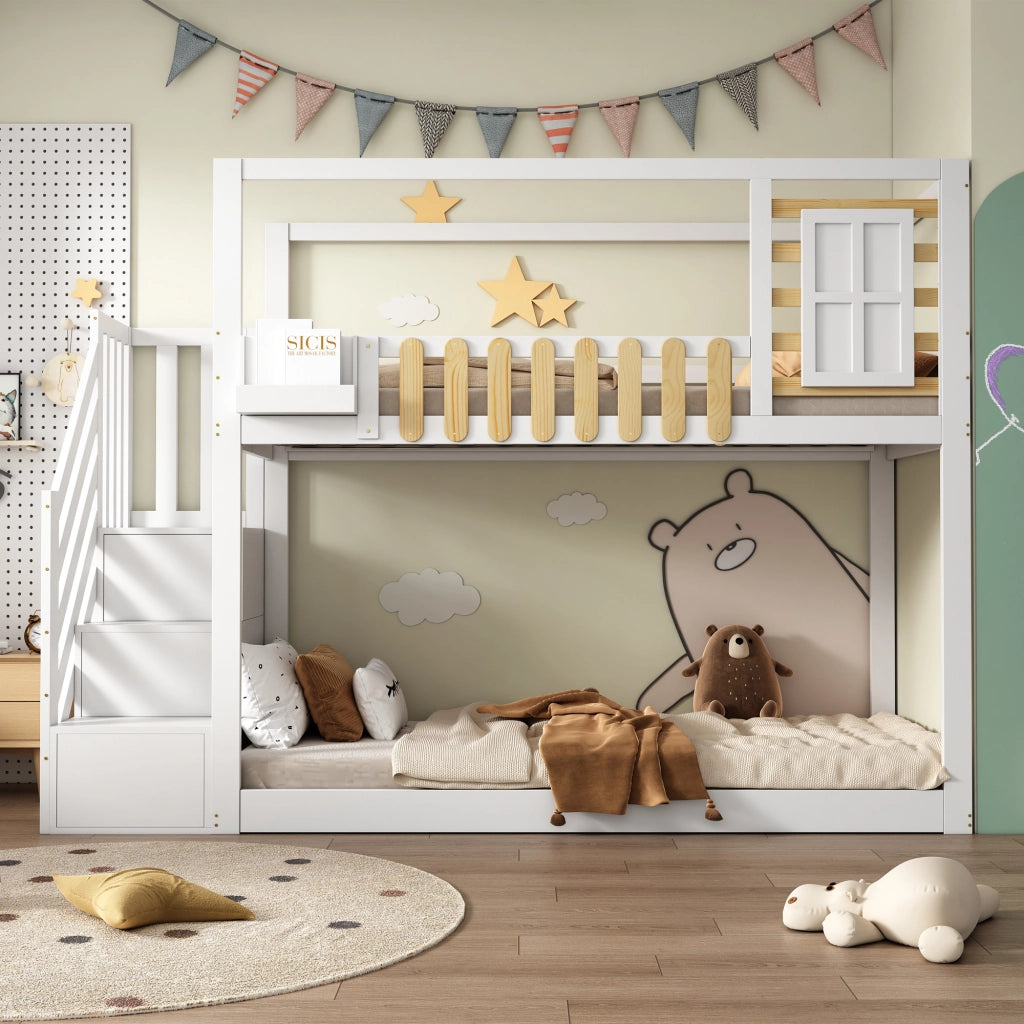 Letto a castello con scala funzione contenitiva in legno massello di pino e MDF 90x200 cm