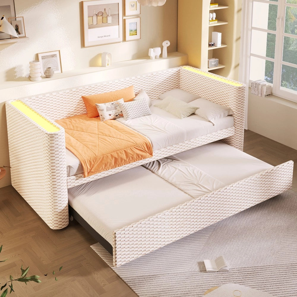 Letto di Giorno Estraibile con LED ¨C MINIMAL ¨C Velluto Beige, 90x200 / 180x200, Rete a Doghe