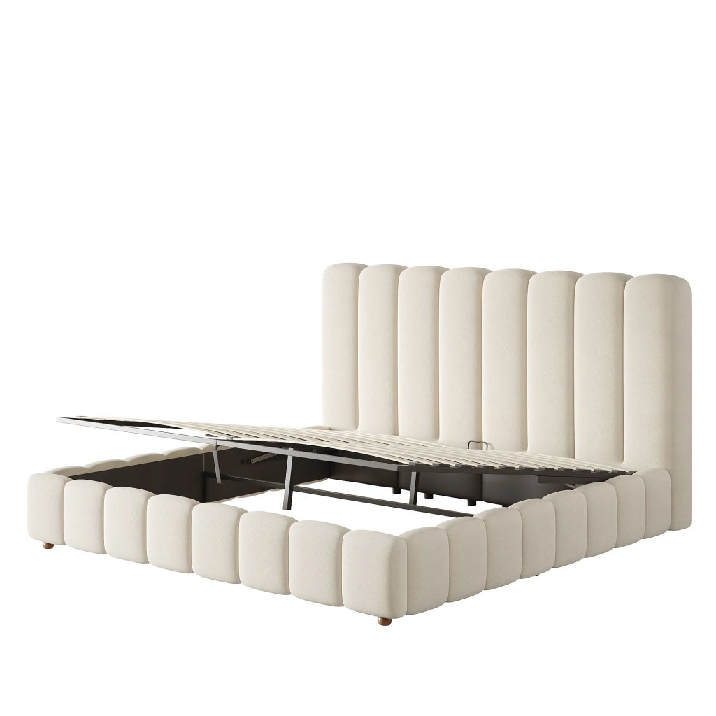 Letto matrimoniale 160 x 200 cm, testiera imbottita, vano portaoggetti, rivestimento in velluto, color beige