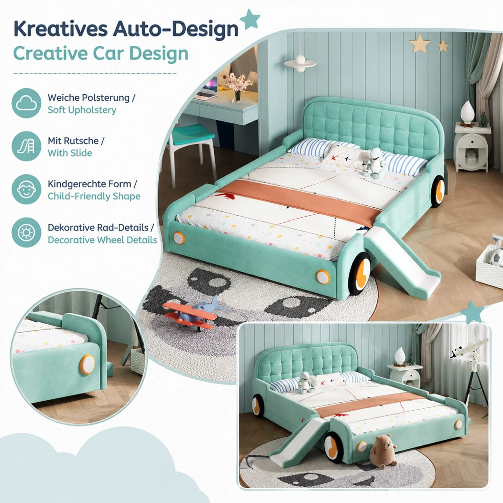 LETTO per bambini a forma di auto con scivolo e scala 140x200 cm velluto blu-verde