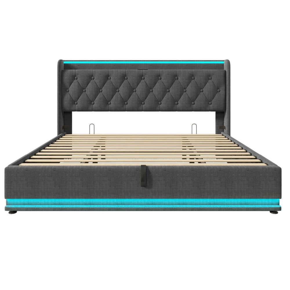Letto Imbottito Contenitore 180x200 con LED e Testiera ¨C MINIMAL ¨C Grigio, Idraulico, USB